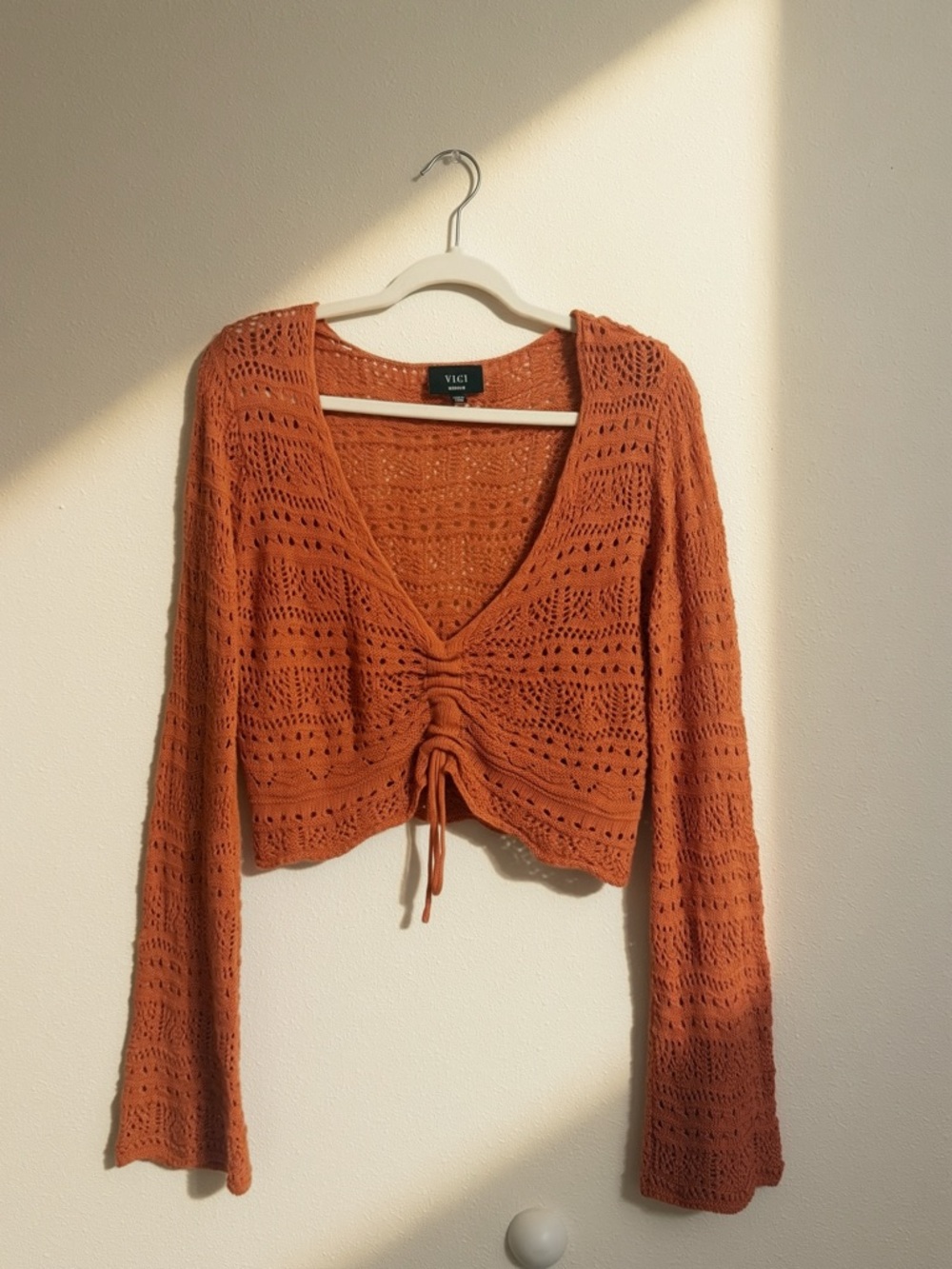 VICI Open-Knit Drawstring Sweater in Burnt Orange